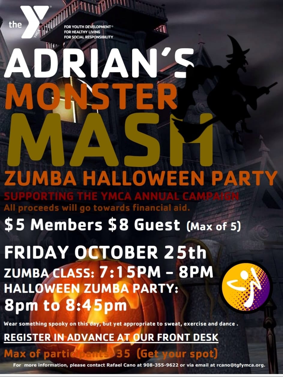 Adrian's monster mash zumba halloween party flyer.