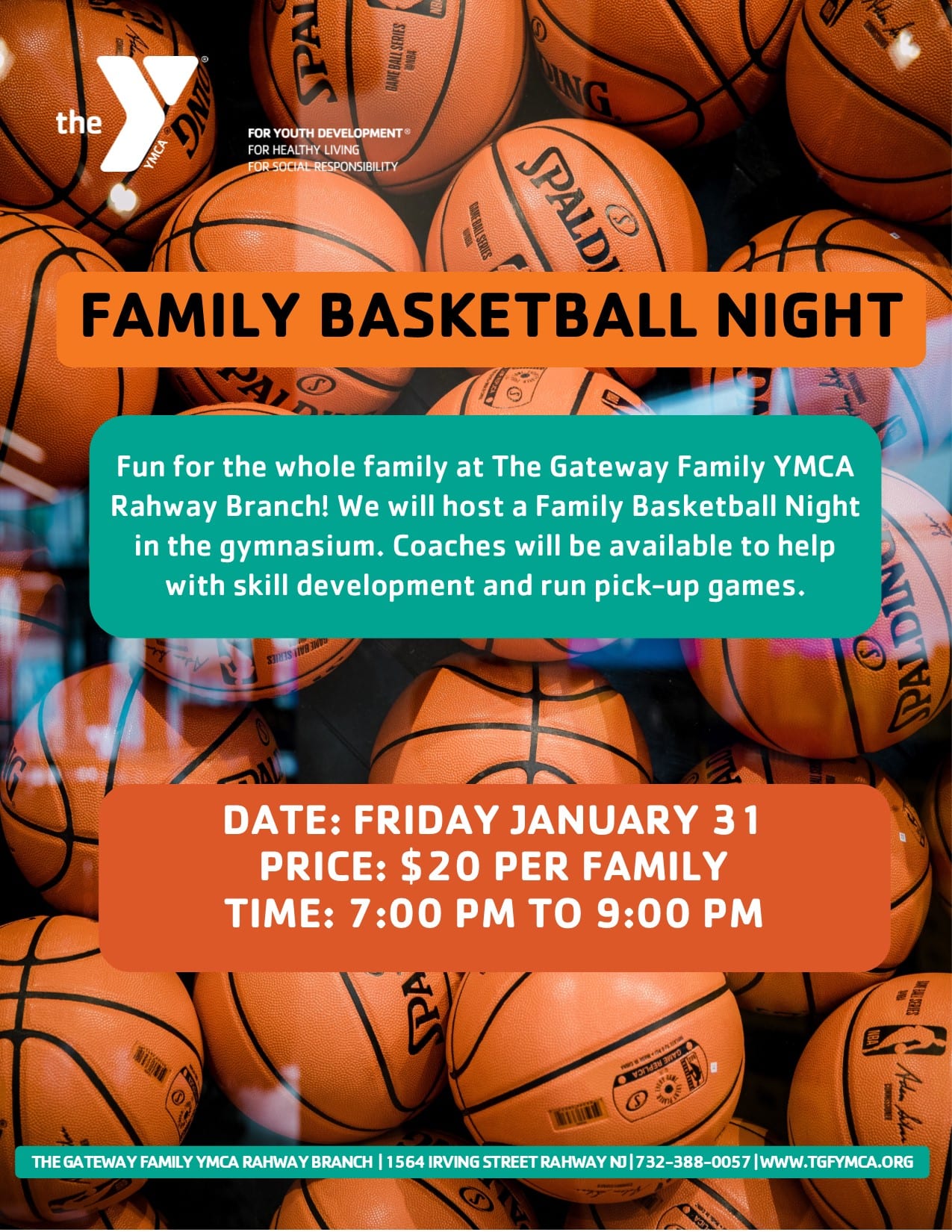 Event flyer for family basketball night.