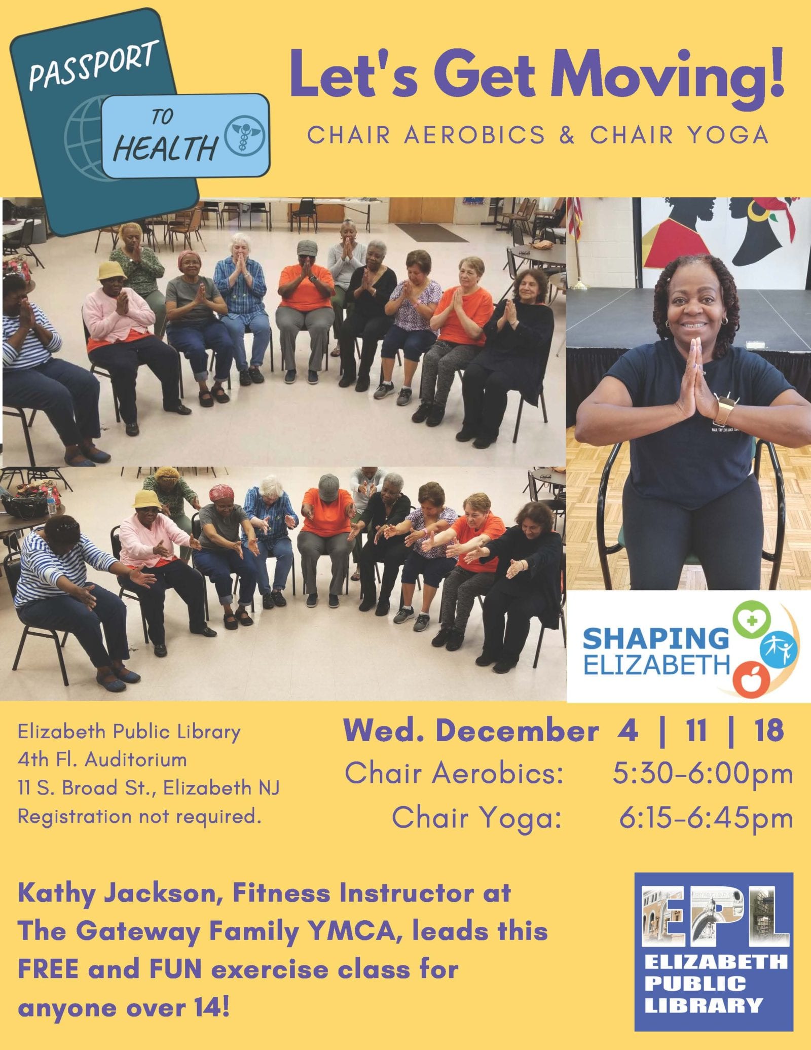 A poster for health chair yoga event.