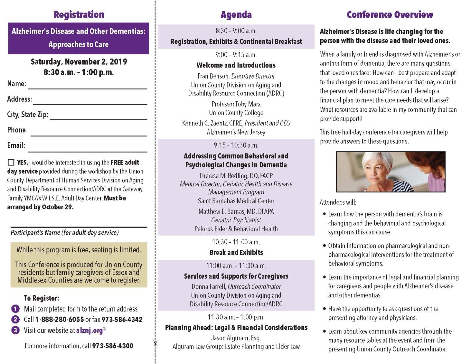 An Alzheimers event registration and agenda.