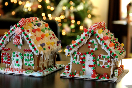 Two decorated gingerbread houses