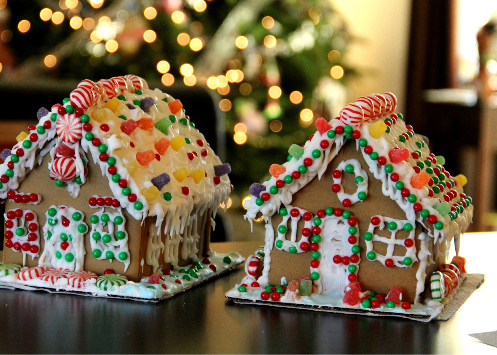 Two decorated gingerbread houses