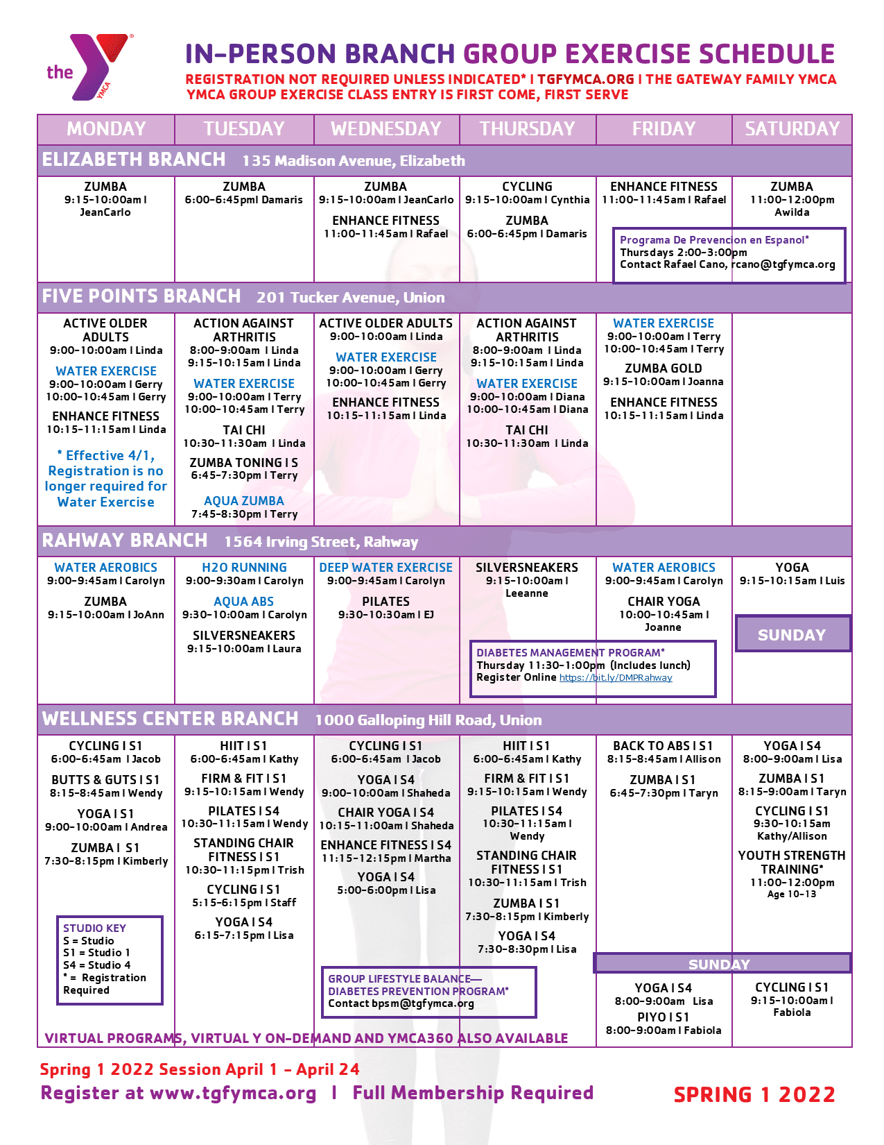 YMCA group exercise schedule for spring