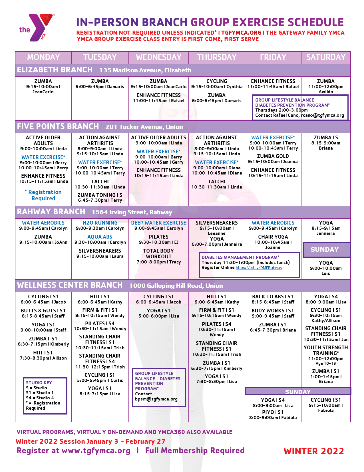 YMCA winter 2022 exercise schedule