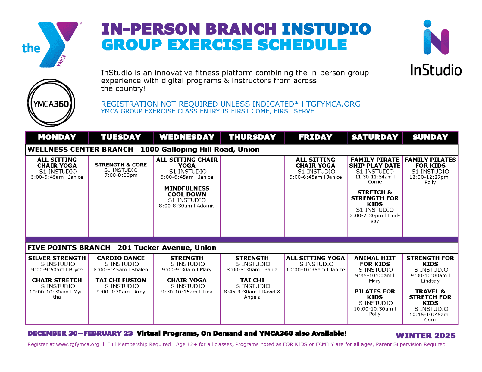 YMCA group exercise schedule for winter