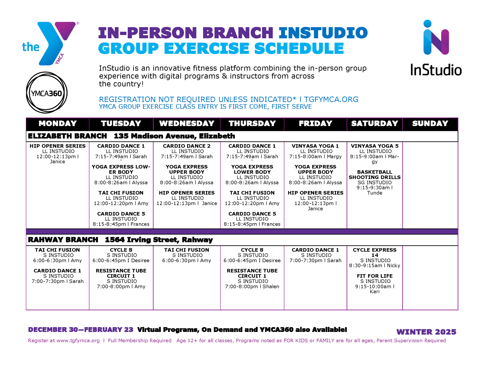 YMCA group exercise schedule for winter