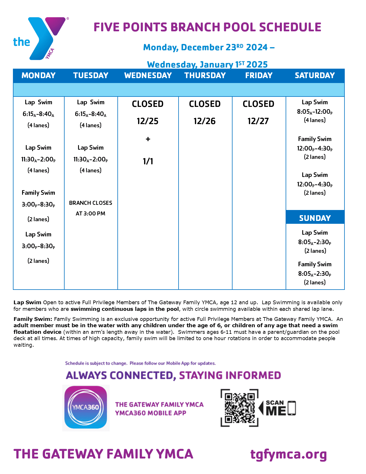 YMCA pool schedule for holiday week