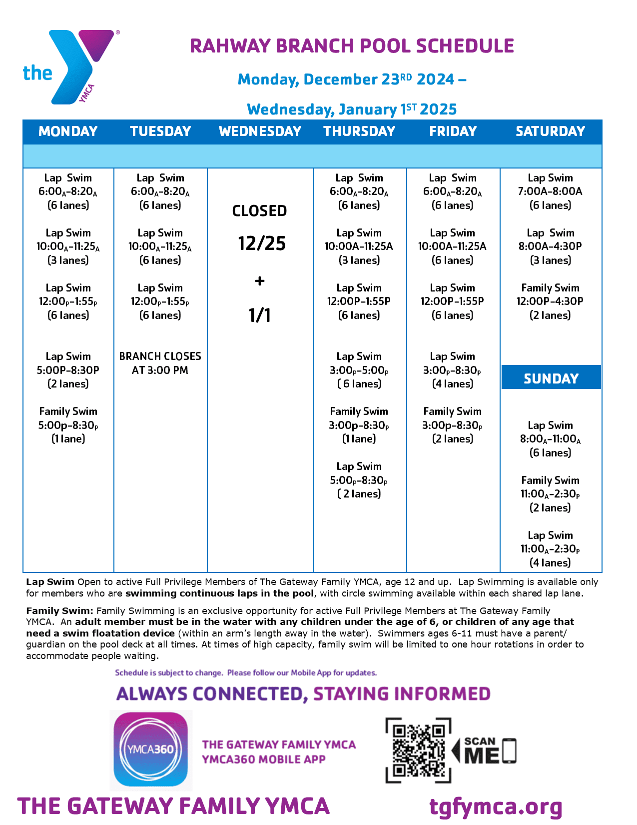 YMCA pool schedule for holiday week