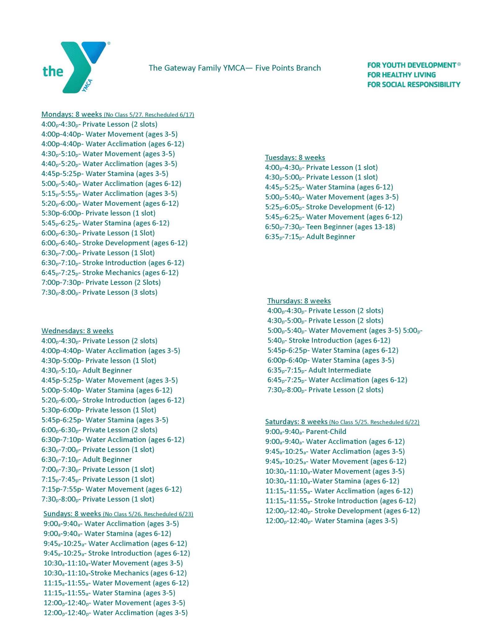 YMCA swimming lesson schedule for summer