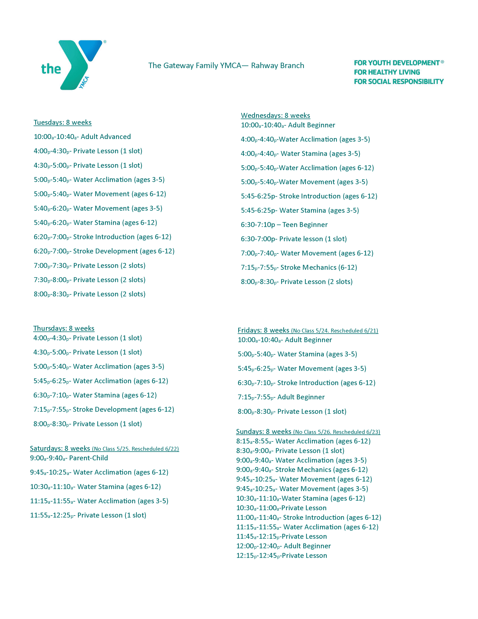 Swimming lesson schedule for summer 2024