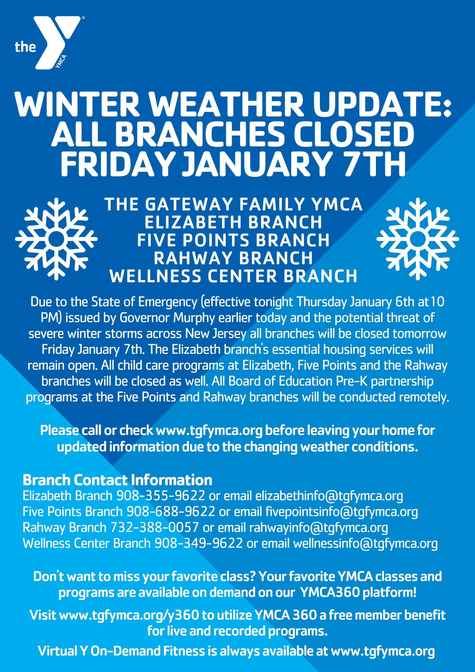 YMCA branches closed due to weather